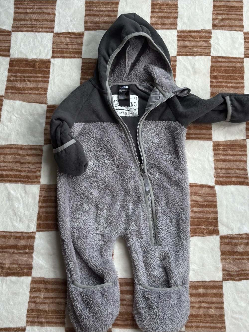 North Face Baby Gray Fleece Hooded One-Piece Coat